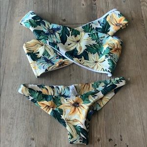 Floral copper and zink two piece off shoulder swim